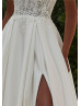 Strapless Beaded Ivory Lace Satin Slit Wedding Dress With Pockets